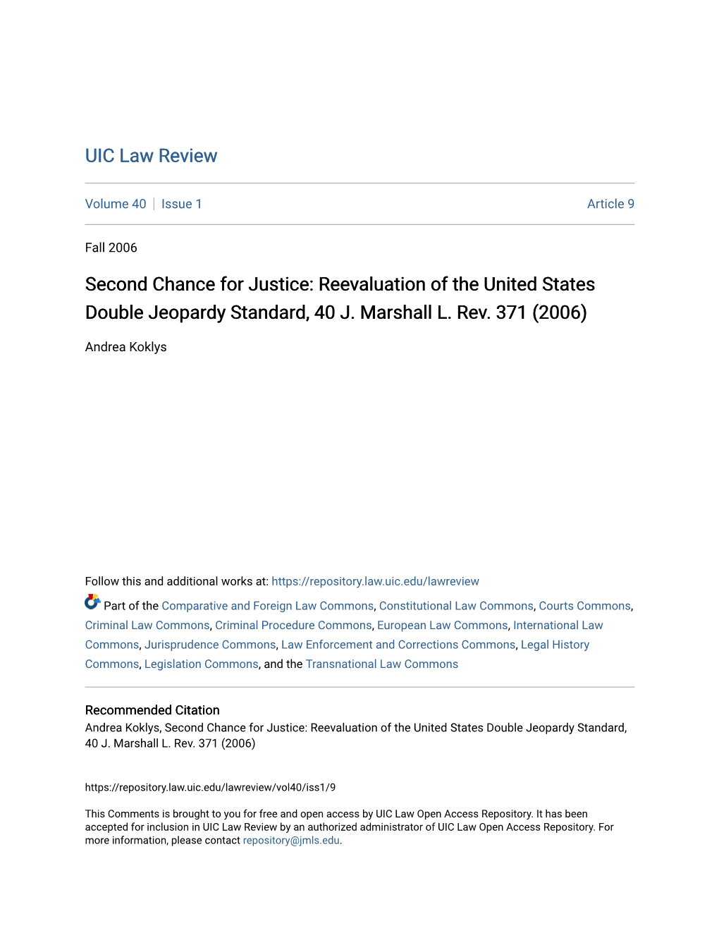 Reevaluation of the United States Double Jeopardy Standard, 40 J