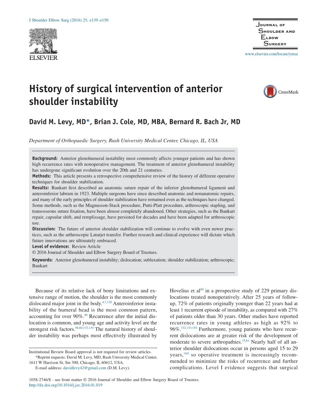 History of Surgical Intervention of Anterior Shoulder Instability