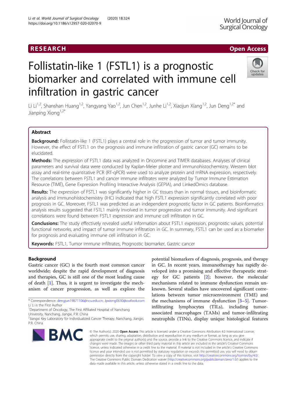 (FSTL1) Is a Prognostic Biomarker and Correlated with Immune Cell