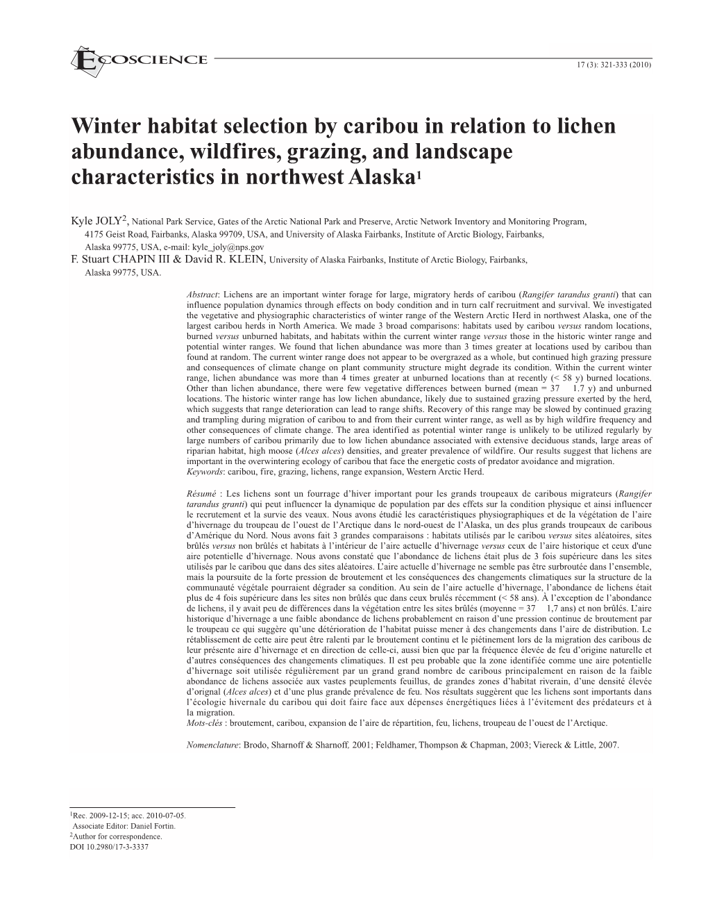 Winter Habitat Selection by Caribou in Relation to Lichen Abundance, Wildfires, Grazing, and Landscape Characteristics in Northwest Alaska1