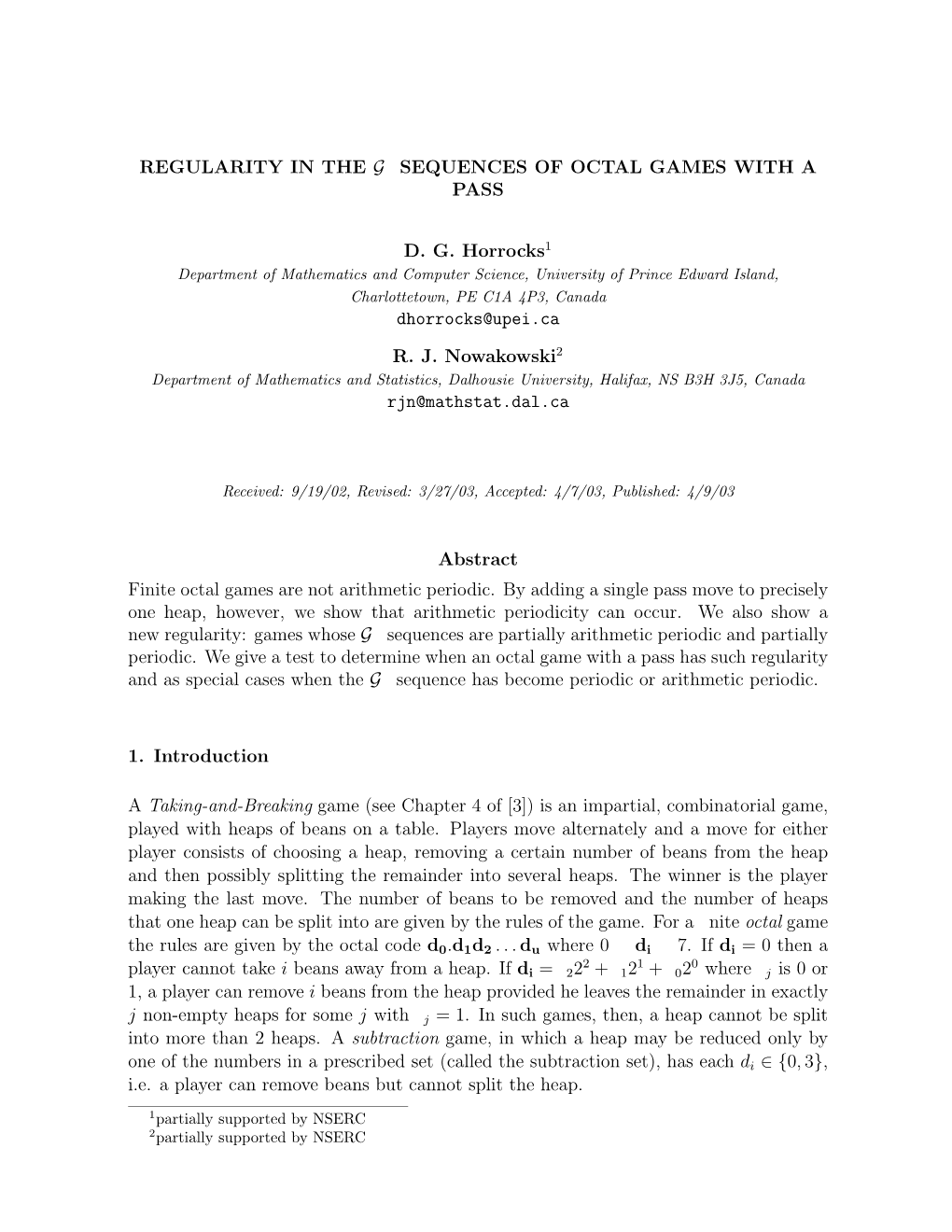 Regularity in the G−Sequences of Octal