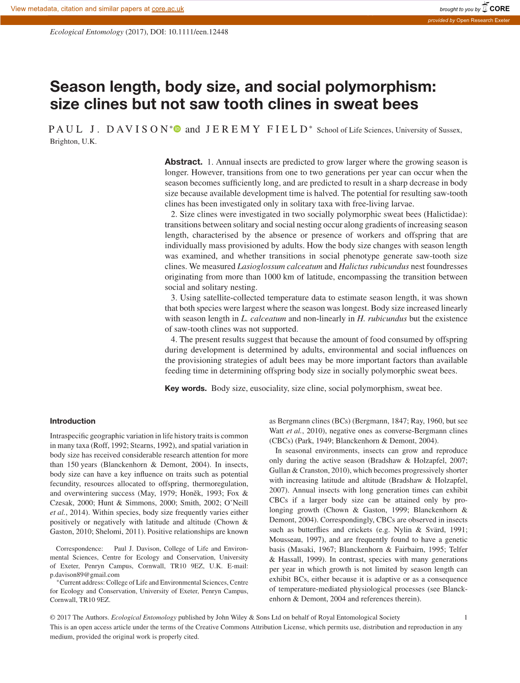 Size Clines but Not Saw Tooth Clines in Sweat Bees: Season Length, Body Size A