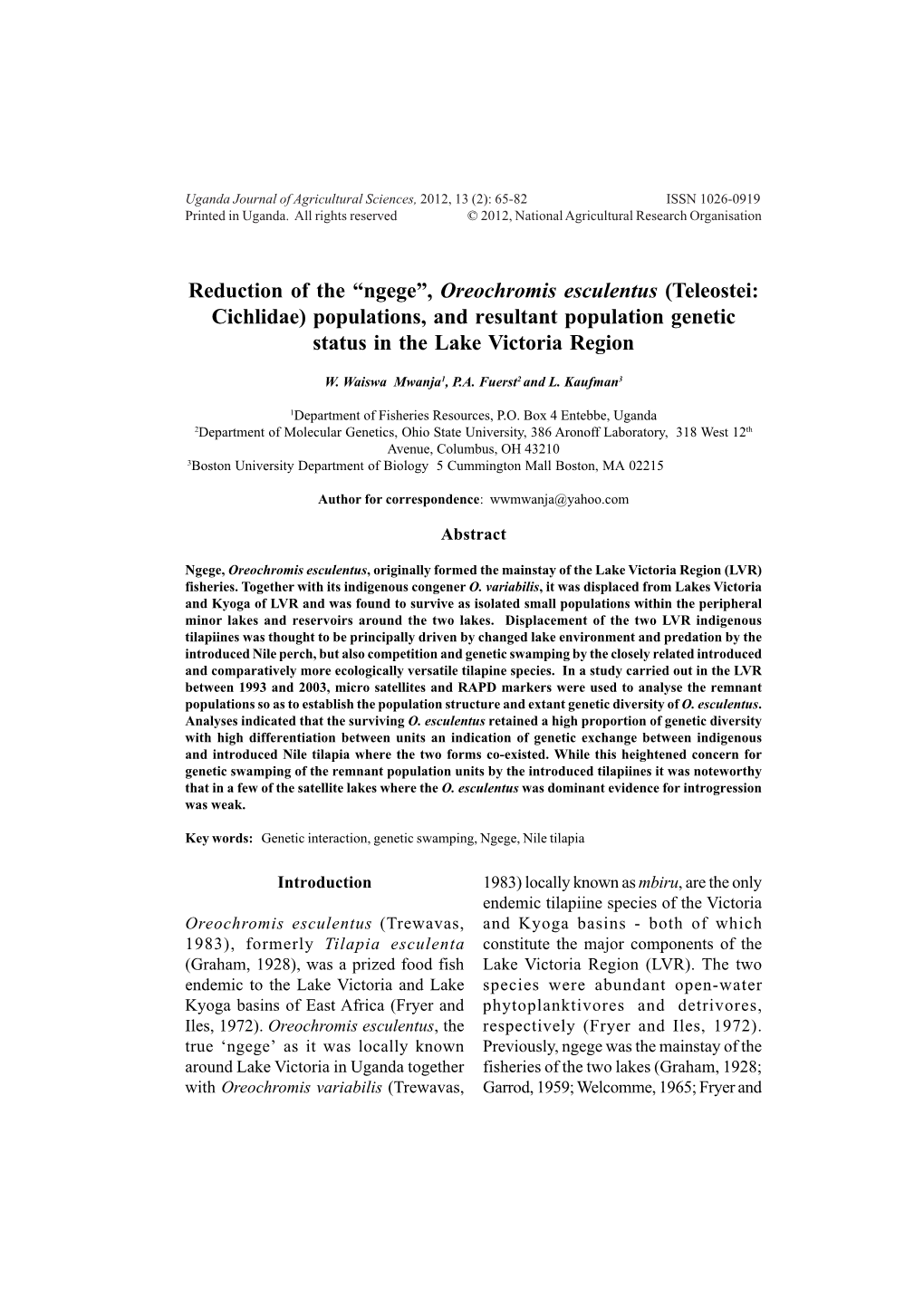 Reduction of the “Ngege”, Oreochromis Esculentus (Teleostei: Cichlidae) Populations, and Resultant Population Genetic Status in the Lake Victoria Region