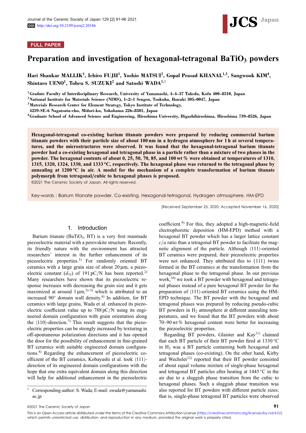 Preparation and Investigation of Hexagonal-Tetragonal Batio3 Powders