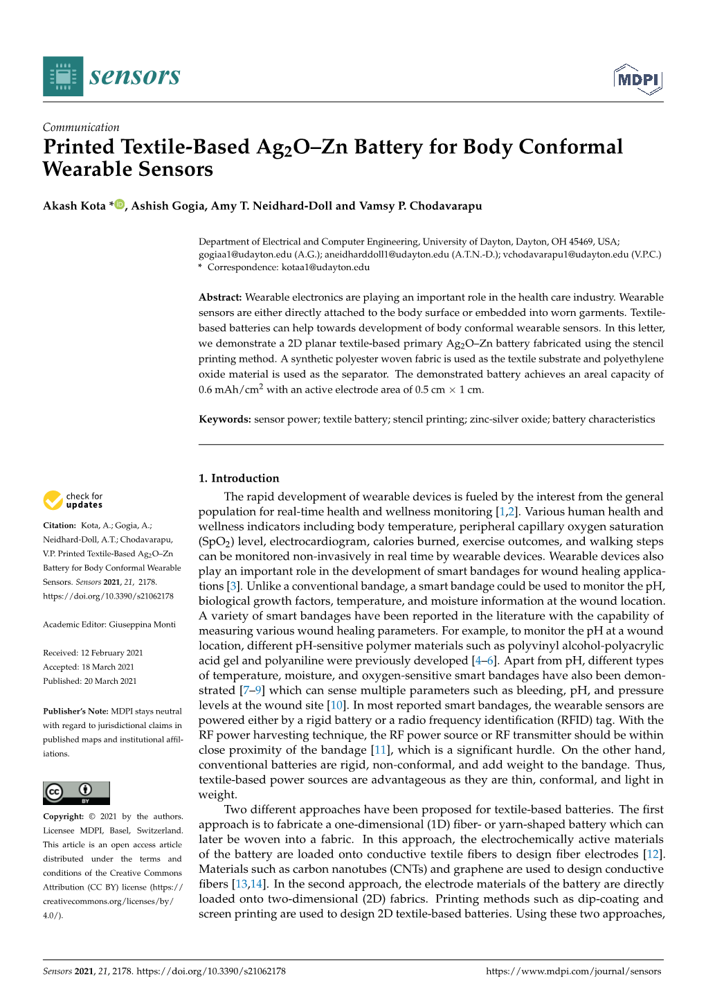 Printed Textile-Based Ag2o–Zn Battery for Body Conformal Wearable Sensors