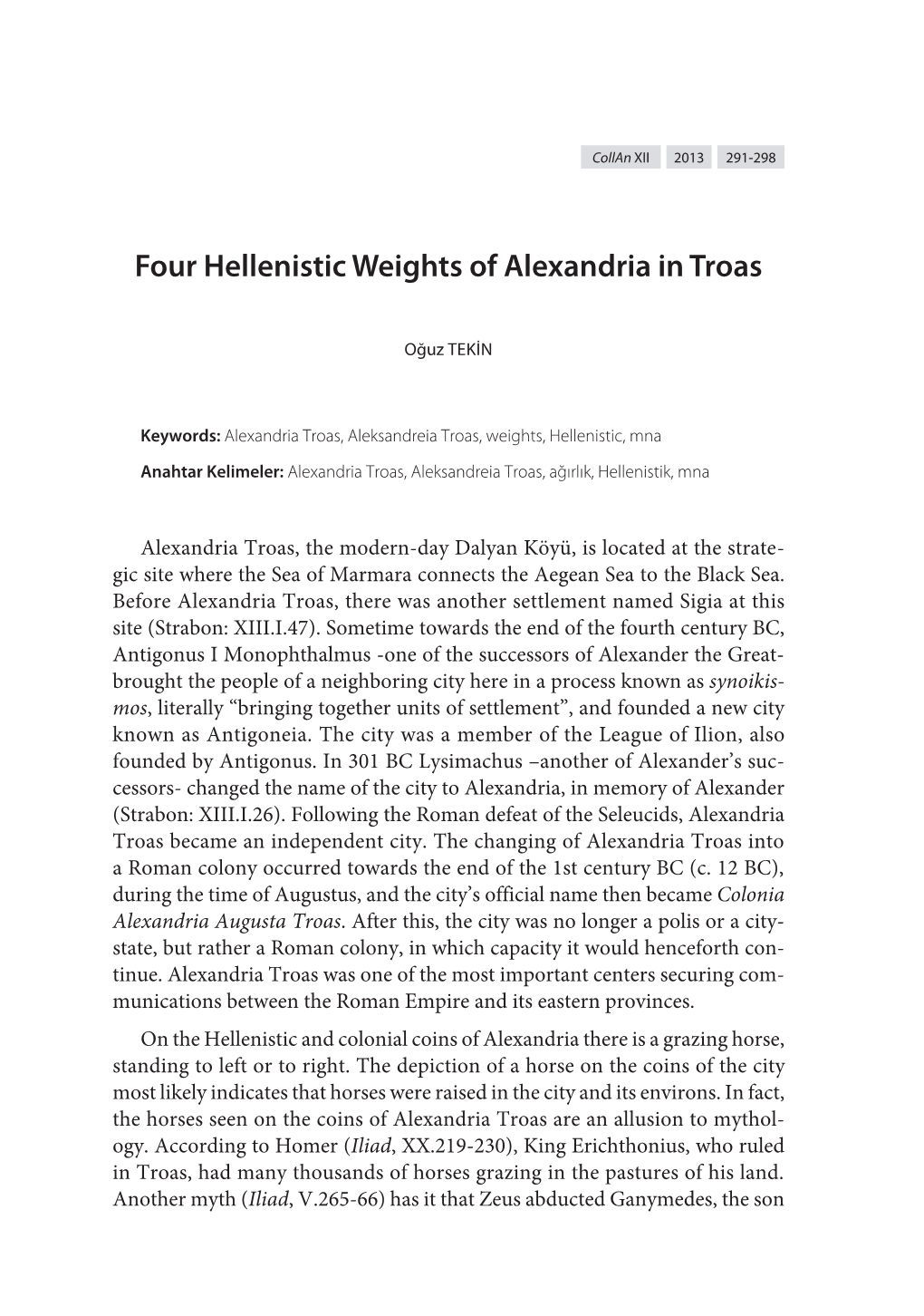Four Hellenistic Weights of Alexandria in Troas