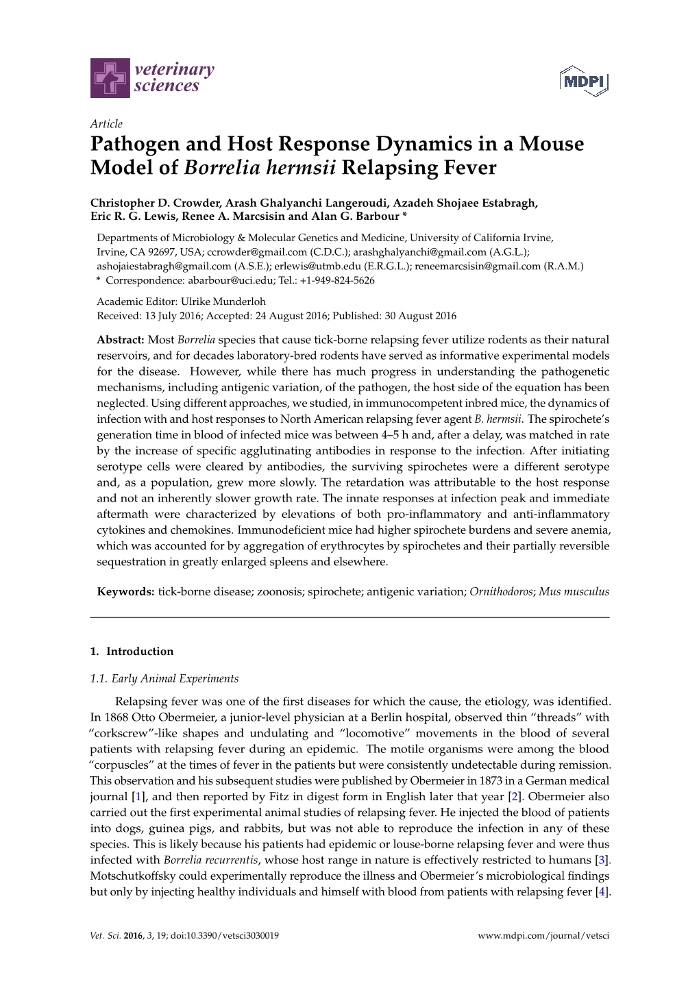 Pathogen and Host Response Dynamics in a Mouse Model of Borrelia Hermsii Relapsing Fever