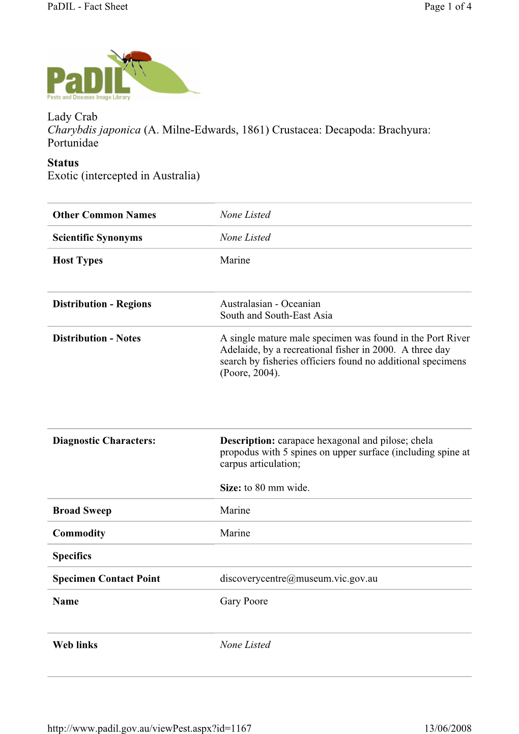Lady Crab Charybdis Japonica (A. Milne-Edwards, 1861) Crustacea: Decapoda: Brachyura: Portunidae Status Exotic (Intercepted in Australia)