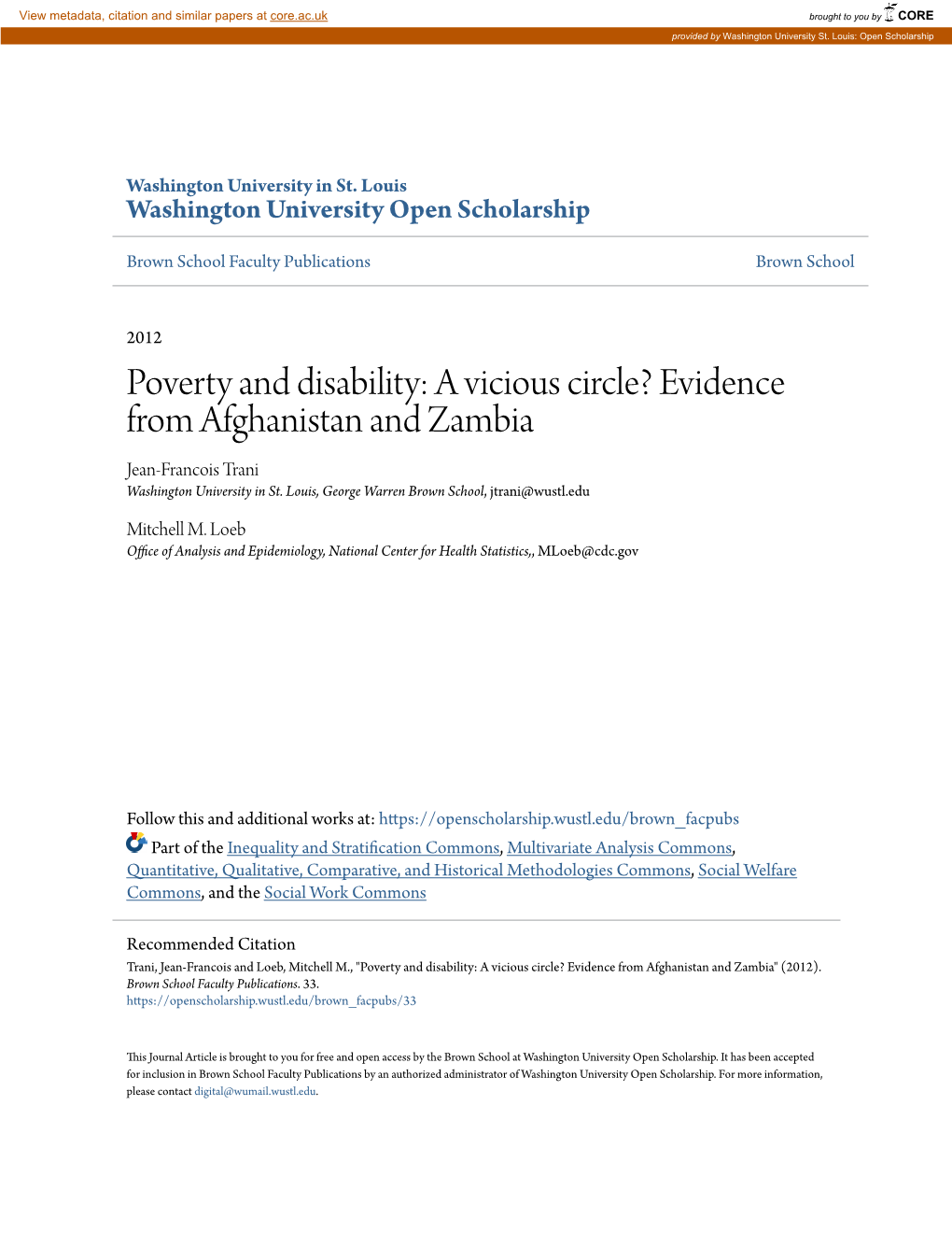 Poverty and Disability: a Vicious Circle? Evidence from Afghanistan and Zambia Jean-Francois Trani Washington University in St