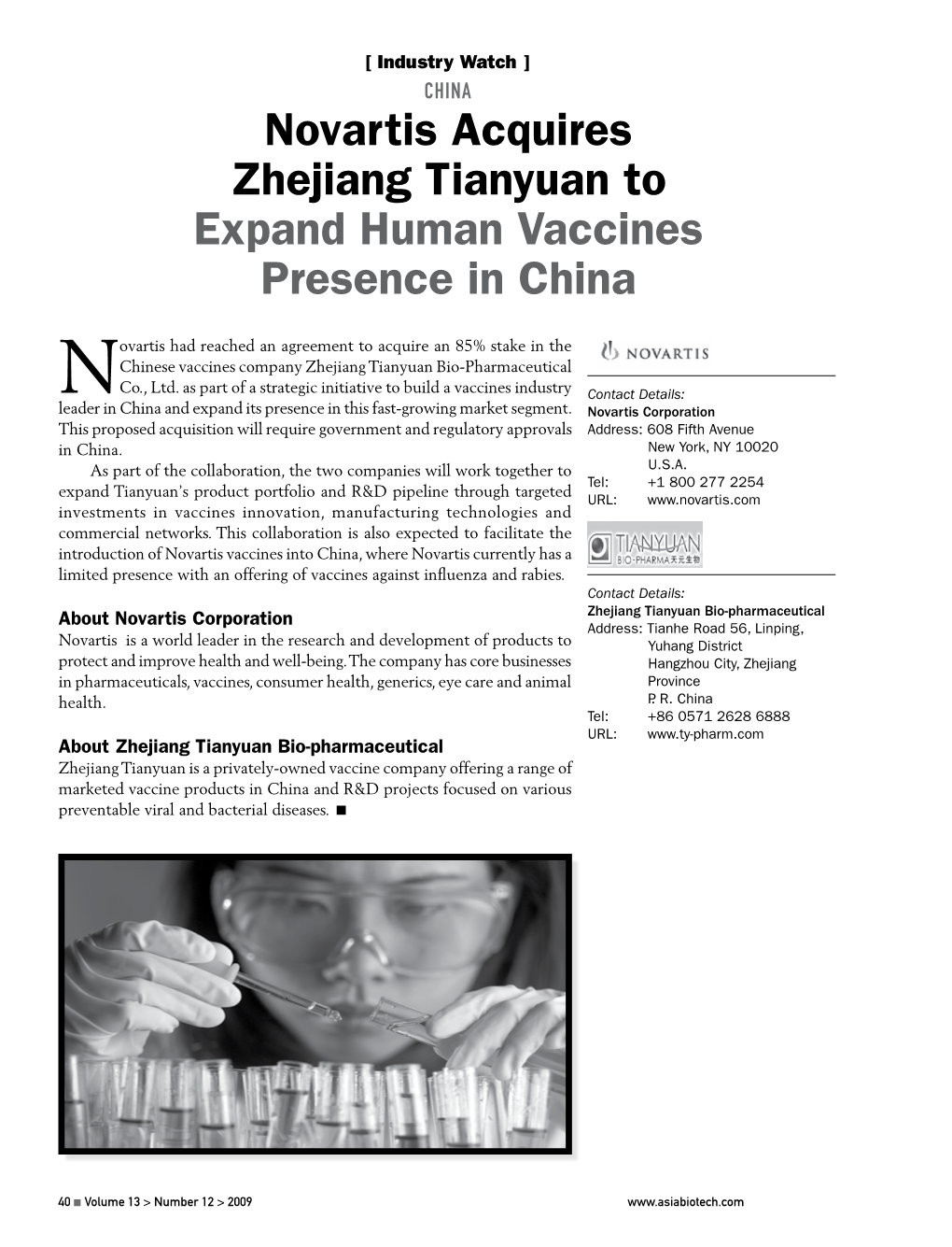 Novartis Acquires Zhejiang Tianyuan to Expand Human Vaccines Presence in China