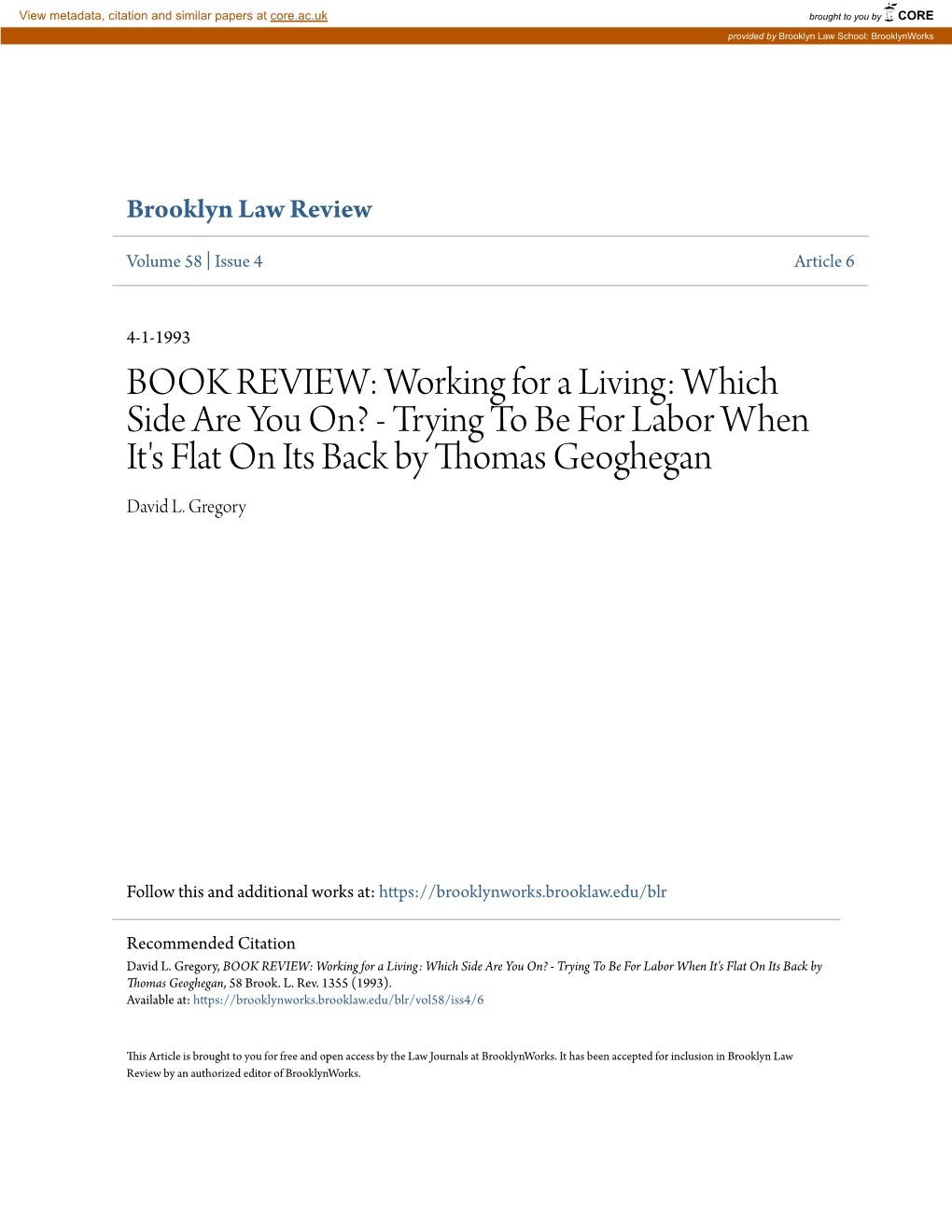 Trying to Be for Labor When It's Flat on Its Back by Thomas Geoghegan David L