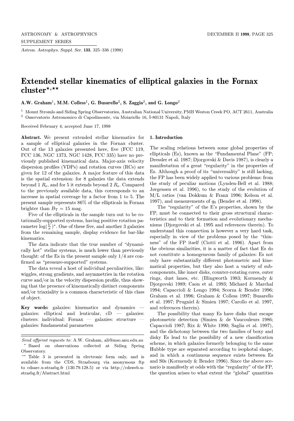 Extended Stellar Kinematics of Elliptical Galaxies in the Fornax Cluster?,??