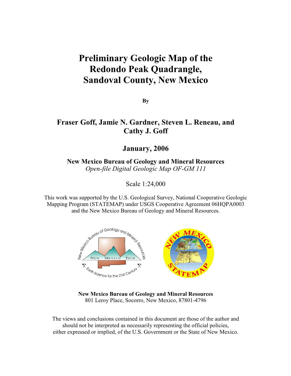 Geologic Map of the Redondo Peak Quadrangle, Sandoval County,New