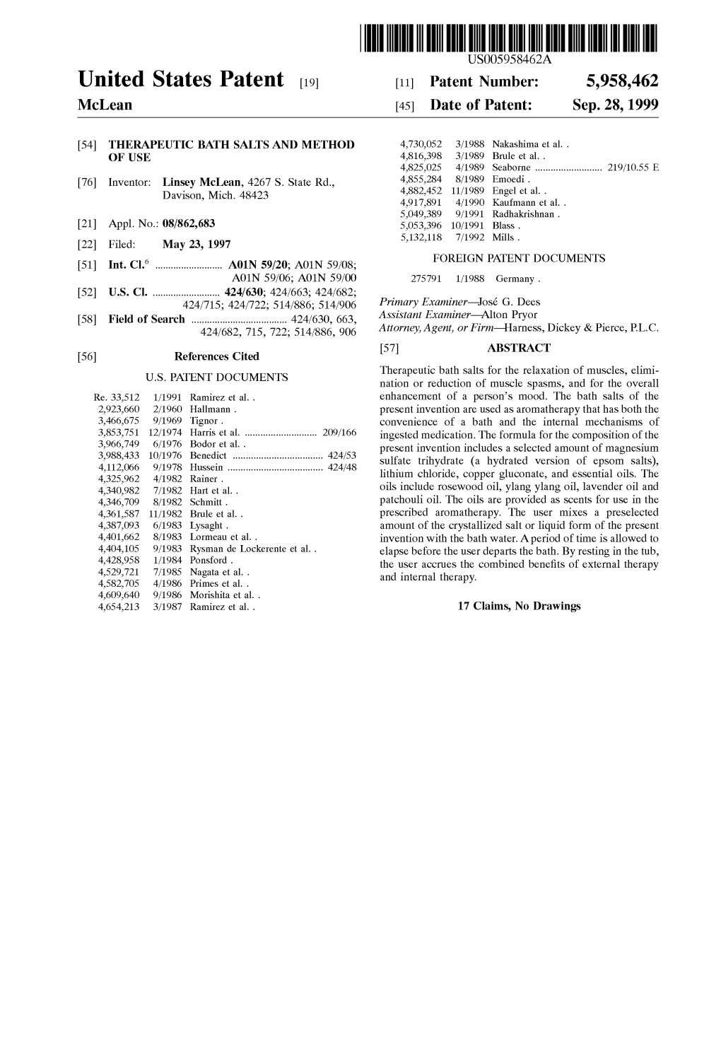 United States Patent (19) 11 Patent Number: 5,958,462 Mclean (45) Date of Patent: Sep