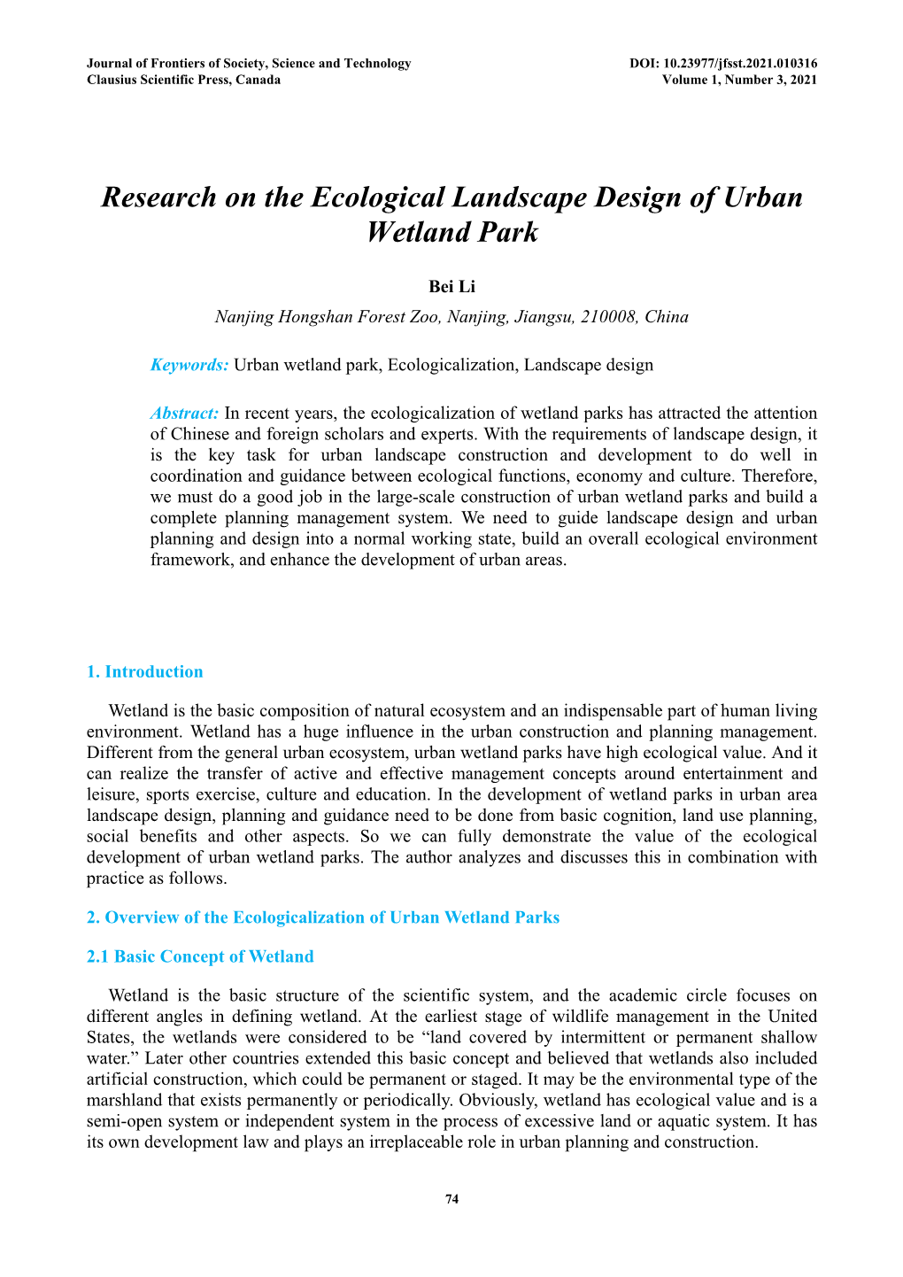 Research on the Ecological Landscape Design of Urban Wetland Park