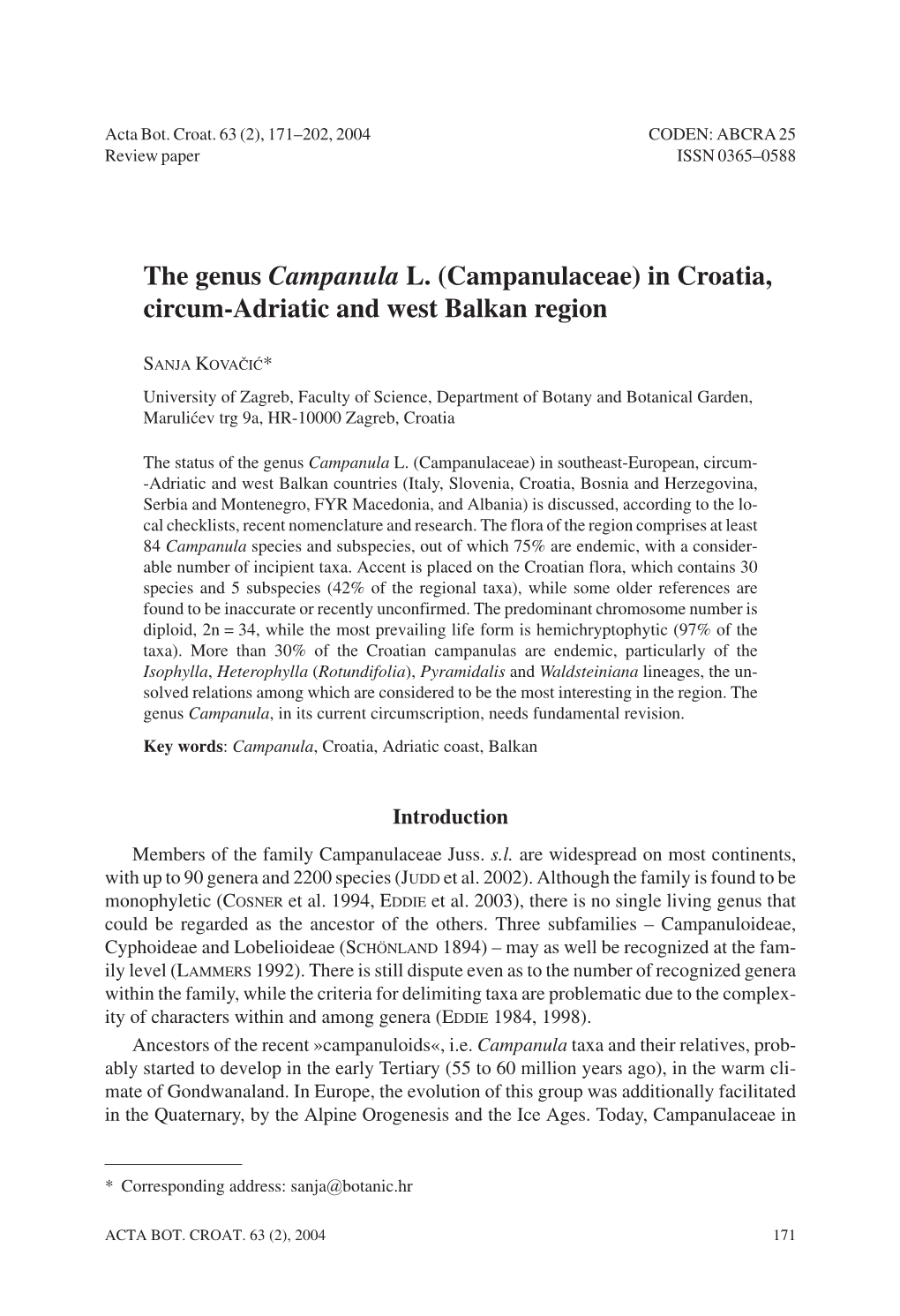 The Genus Campanula L. (Campanulaceae) in Croatia, Circum-Adriatic and West Balkan Region