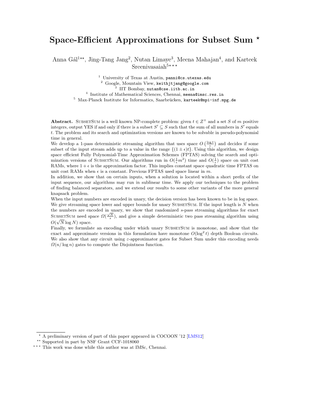 Space-Efficient Approximations for Subset Sum ⋆