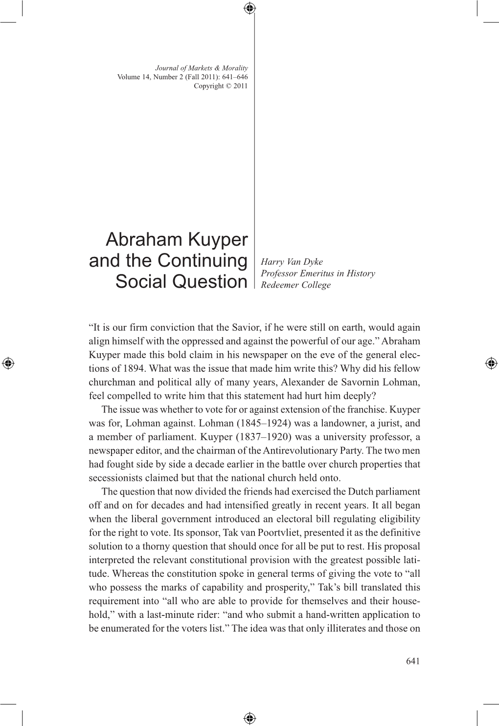 Abraham Kuyper and the Continuing Social Question