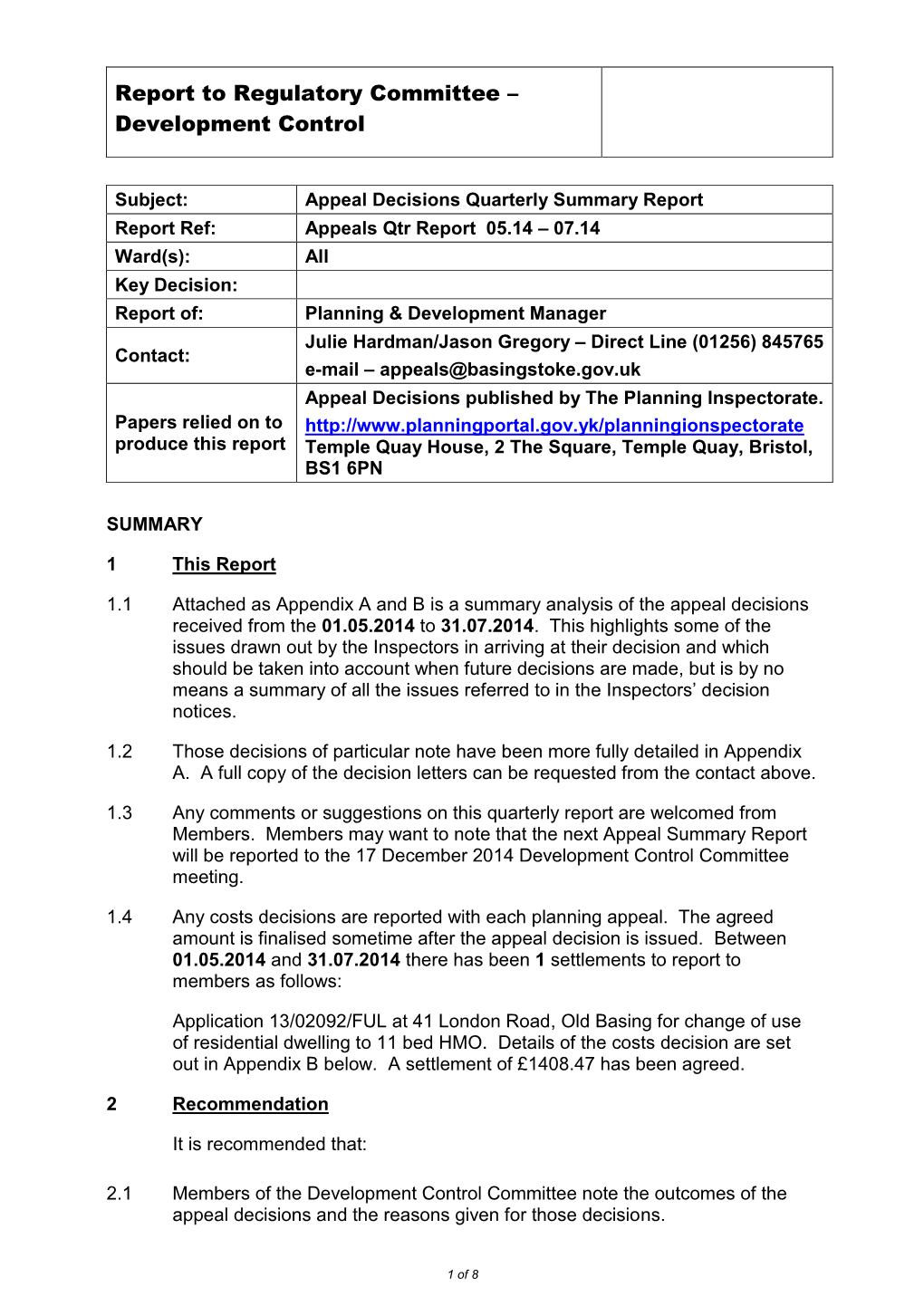 Report to Regulatory Committee – Development Control