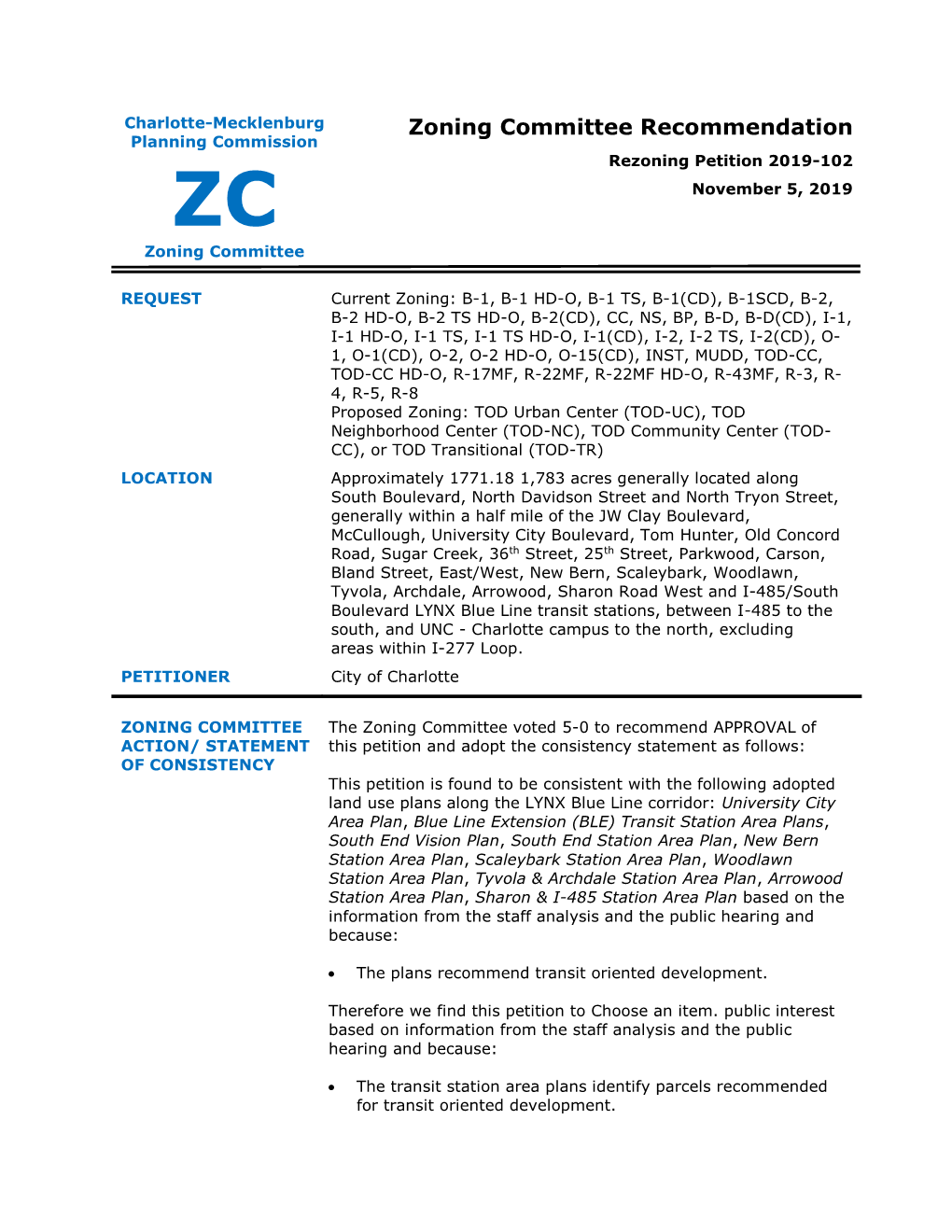 Zoning Committee Recommendation Planning Commission Rezoning Petition 2019-102 November 5, 2019
