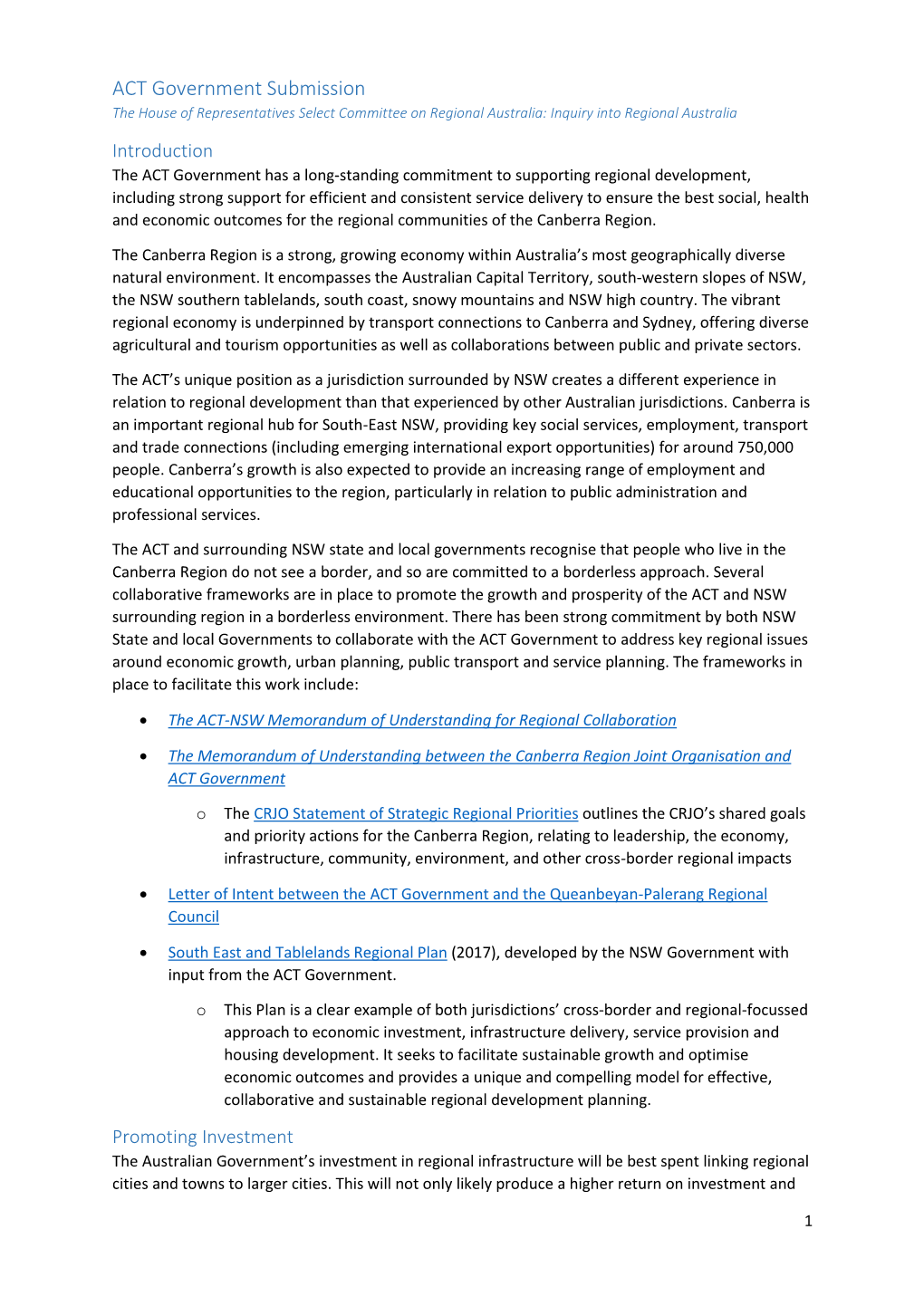 ACT Government Submission the House of Representatives Select Committee on Regional Australia: Inquiry Into Regional Australia