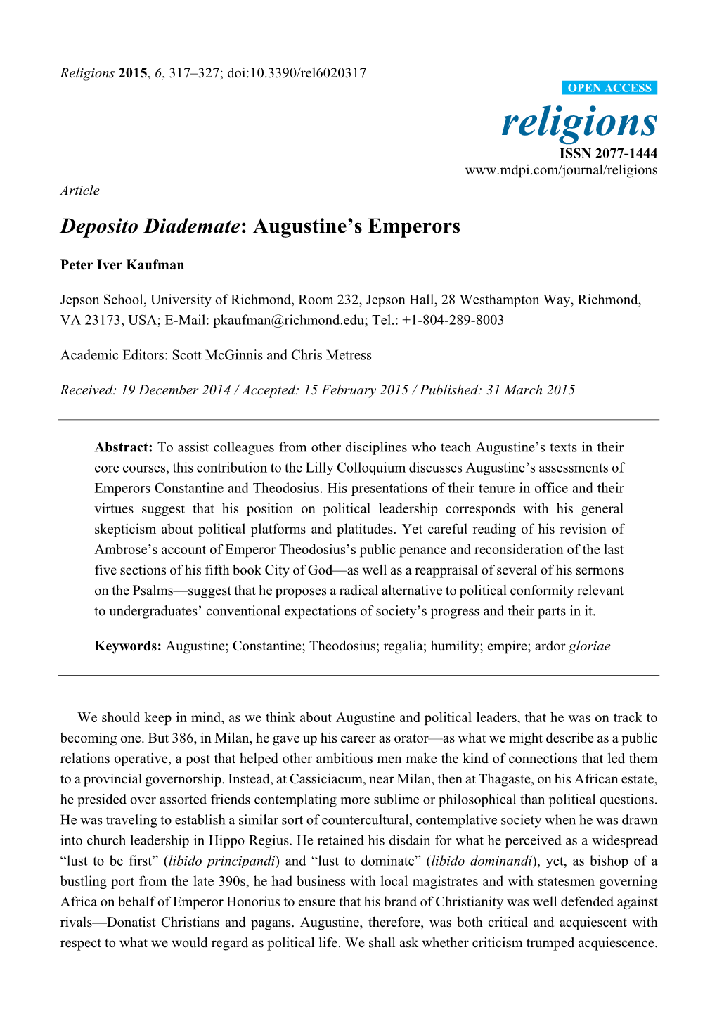 Deposito Diademate: Augustine's Emperors