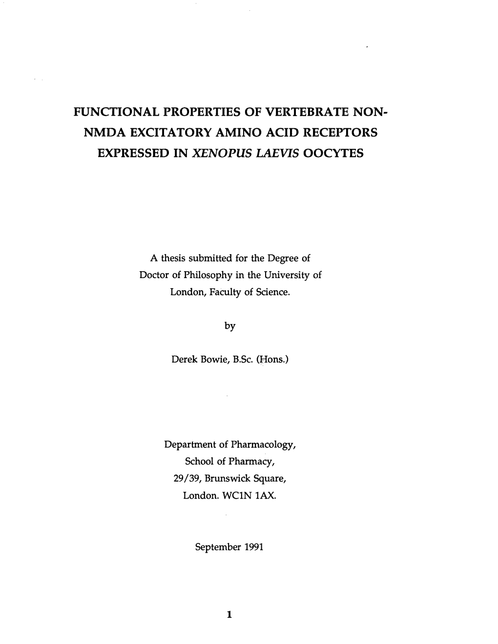 Functional Properties of Vertebrate Non- Nmda Excitatory Amino Acid Receptors Expressed in Xenopus Laevis Oocytes