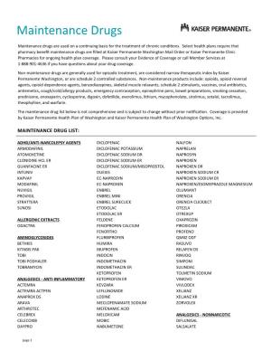 Maintenance Drug List Below Is Not Comprehensive and Is Subject to Change Without Prior Notification