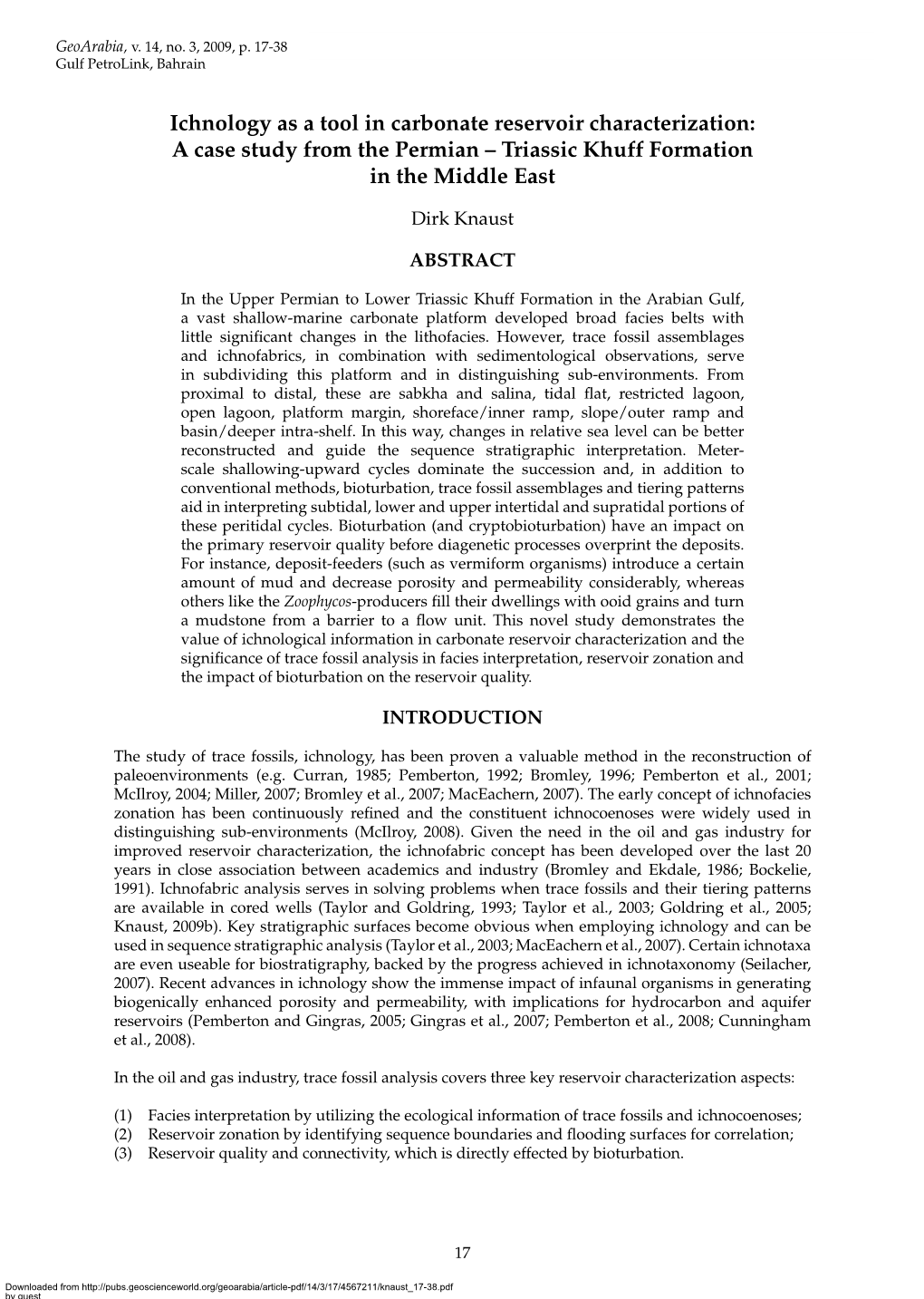 Ichnology As a Tool in Carbonate Reservoir Characterization, Khuff Formation Gulf Petrolink, Bahrain