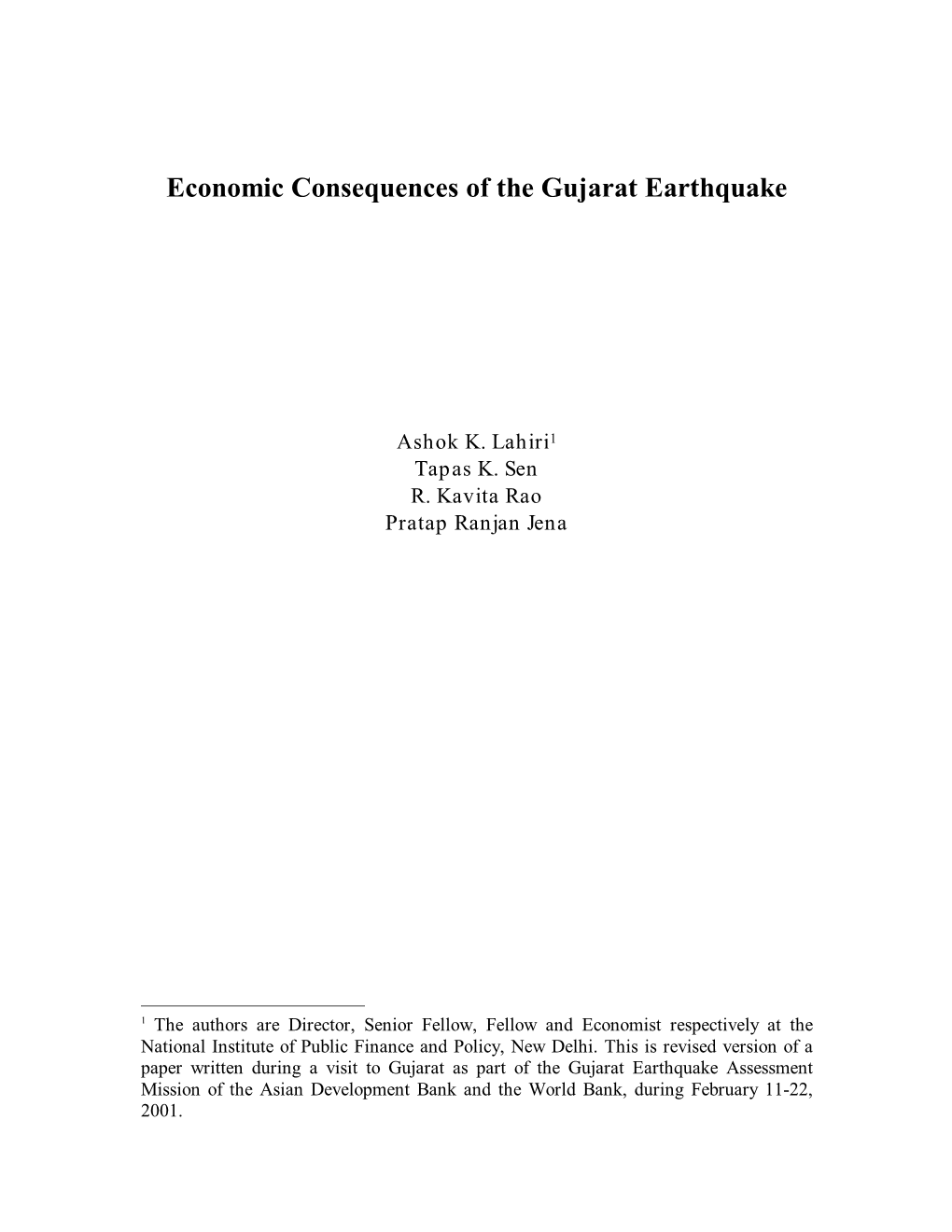 Economic Consequences of the Gujarat Earthquake