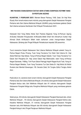 Mb Pahang Dianugerahi Datuk Seri Utama Daripada Kdymm Yang Di-Pertuan Agong