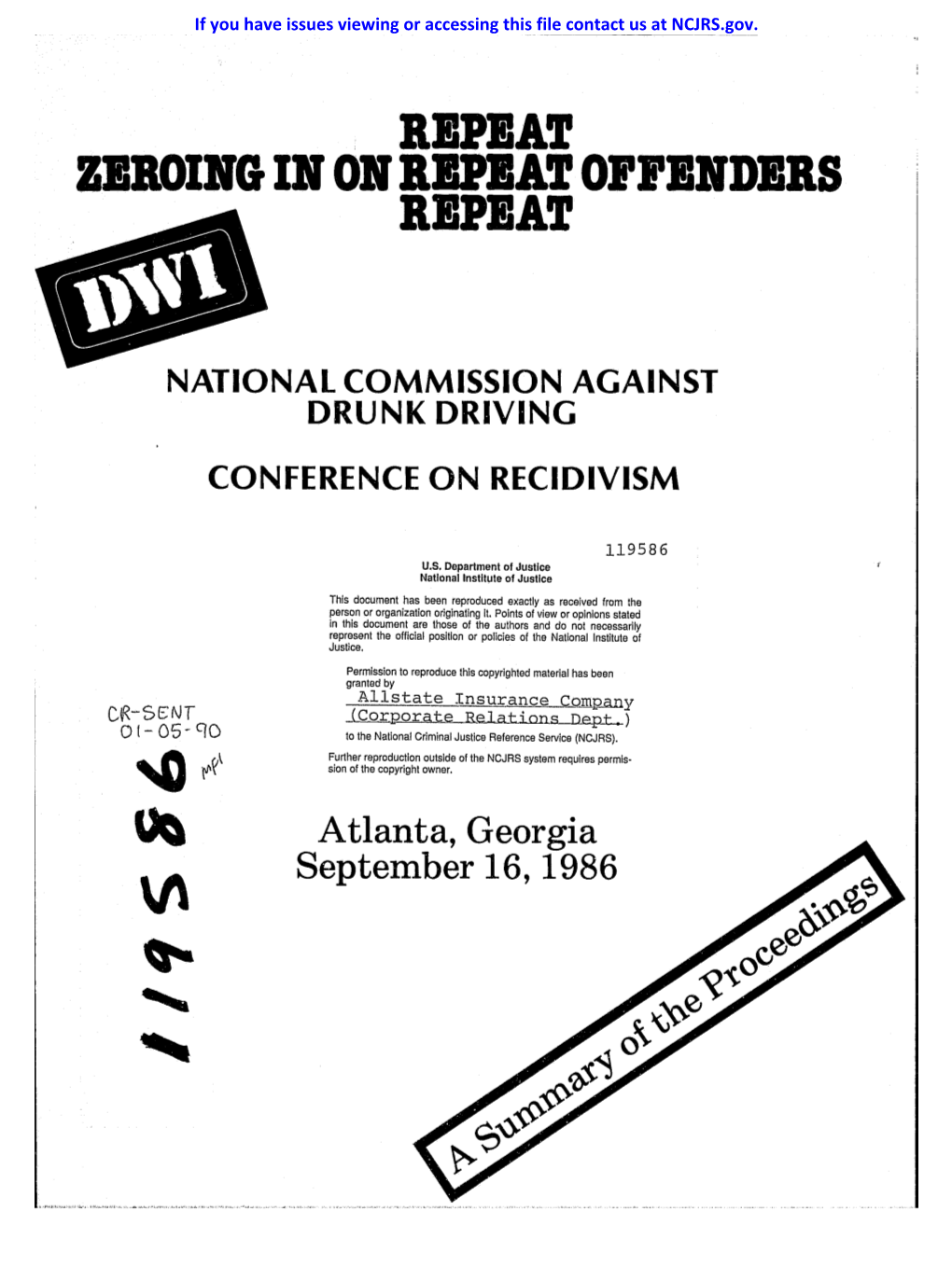 NATIONAL COMMISSION AGAINST DRUNK DRIVING CONFERENCE on RECIDIVISM ATLANTA, GEORGIA Seprrember 16, 1986