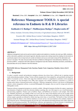 Reference Management TOOLS: a Special Reference to Endnote in R & D Libraries