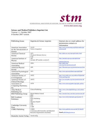 Science and Medical Publishers Imprints List Version 1.1, October 2007 8 October 2007 Version