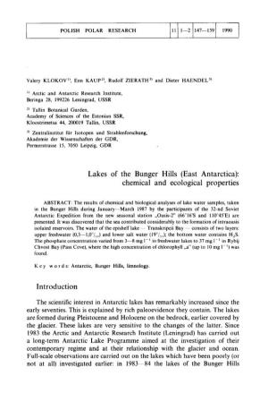 Lakes of the Bunger Hills (East Antarctica): Chemical and Ecological Properties Introduction