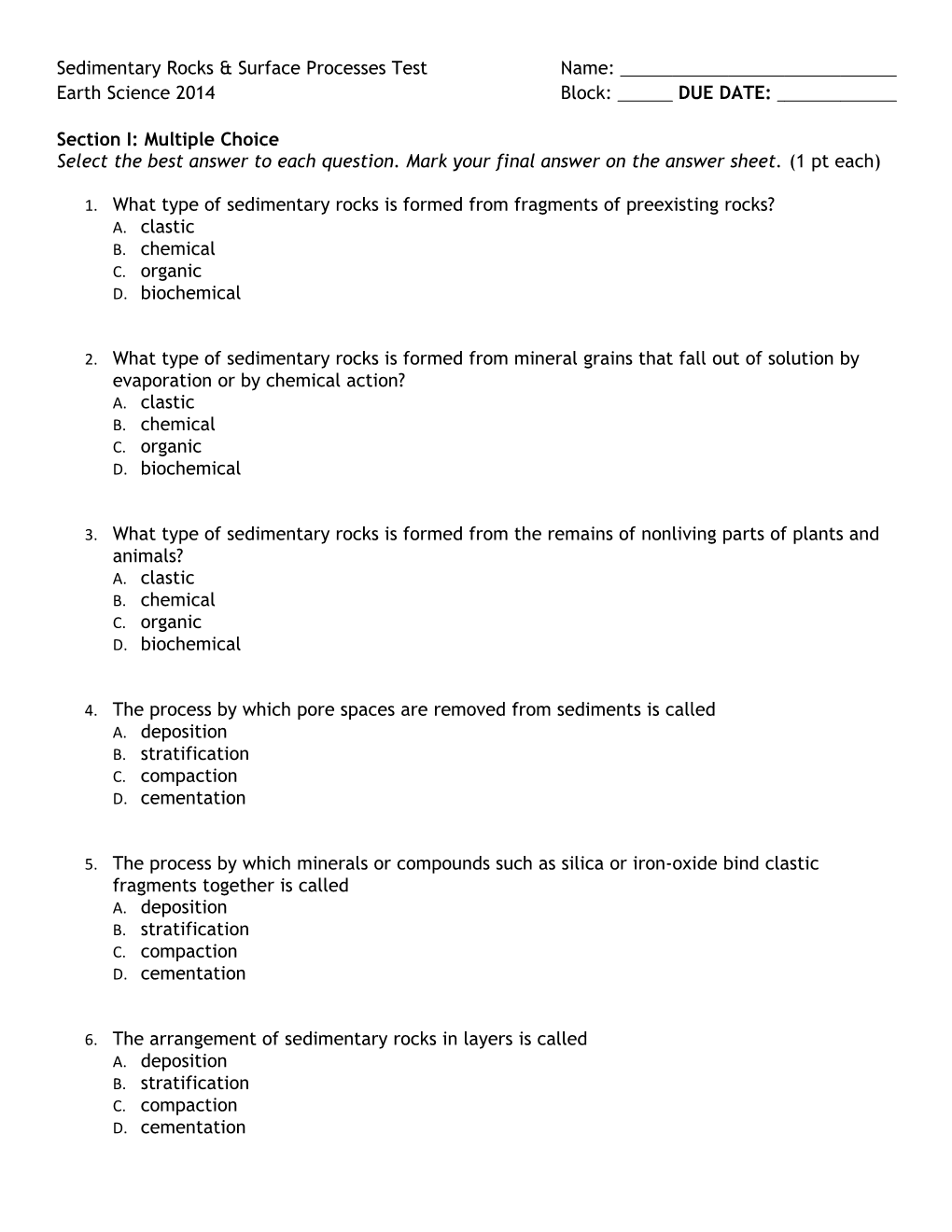 Sedimentary Rocks & Surface Processes Test Name