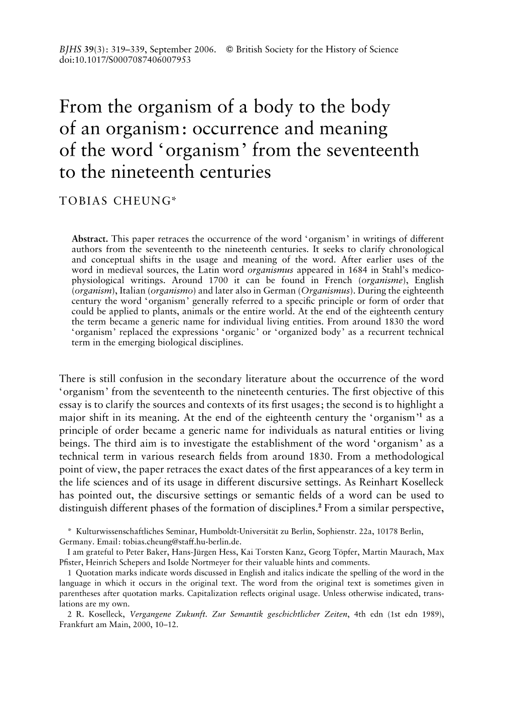 Organism of a Body to the Body of an Organism: Occurrence and Meaning of the Word ‘Organism’ from the Seventeenth to the Nineteenth Centuries