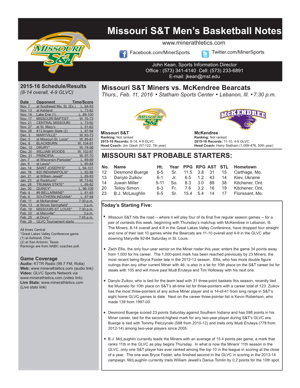 Missouri S&T Men's Basketball Notes