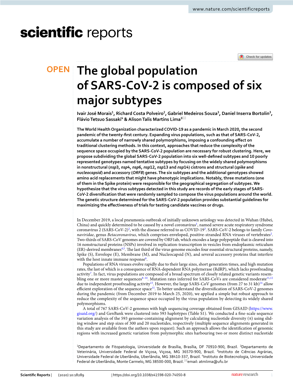 The Global Population of SARS-Cov-2 Is Composed of Six