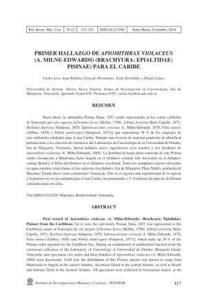 Primer Hallazgo De Apiomithrax Violaceus (A. Milne-Edwards) (Brachyura: Epialtidae: Pisinae) Para El Caribe