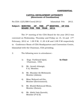Minutes of the 3Rd Meeting of Cda Board for the Year 2012