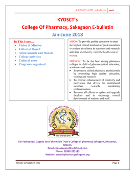 KYDSCT's College of Pharmacy, Sakegaon E-Bulletin Jan-June 2018