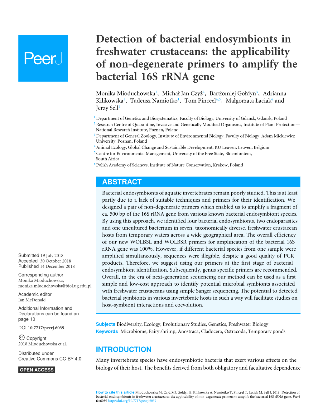 Detection of Bacterial Endosymbionts in Freshwater Crustaceans: the Applicability of Non-Degenerate Primers to Amplify the Bacterial 16S Rrna Gene