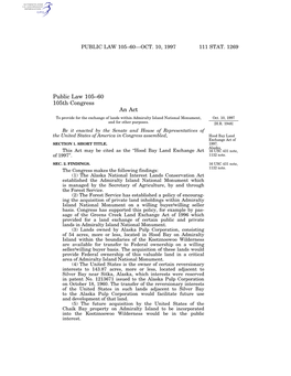 Public Law 105–60 105Th Congress an Act to Provide for the Exchange of Lands Within Admiralty Island National Monument, Oct