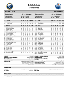 Buffalo Sabres Game Notes