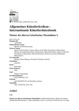 Allgemeines Künstlerlexikon - Internationale Künstlerdatenbank Meister Des Älteren Gebetbuches Maximilians I