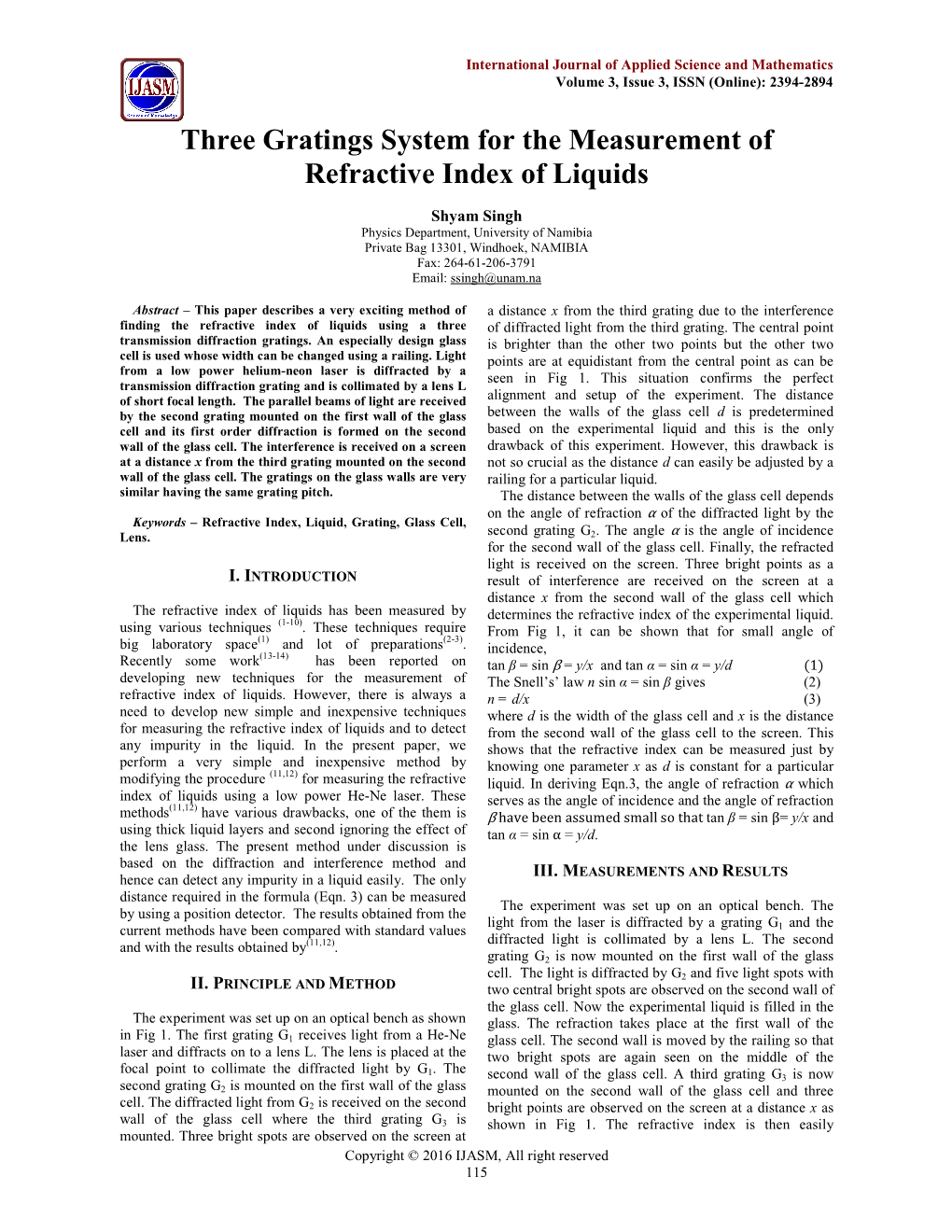 Three Gratings System for the Measurement of Refractive Index of Liquids