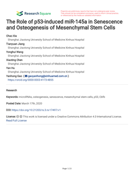 The Role of P53-Induced Mir-145A in Senescence and Osteogenesis of Mesenchymal Stem Cells