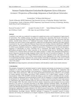 Sciences Teacher Education Curriculum Re-Alignment: Science Education Lecturers’ Perspectives of Knowledge Integration at South African Universities