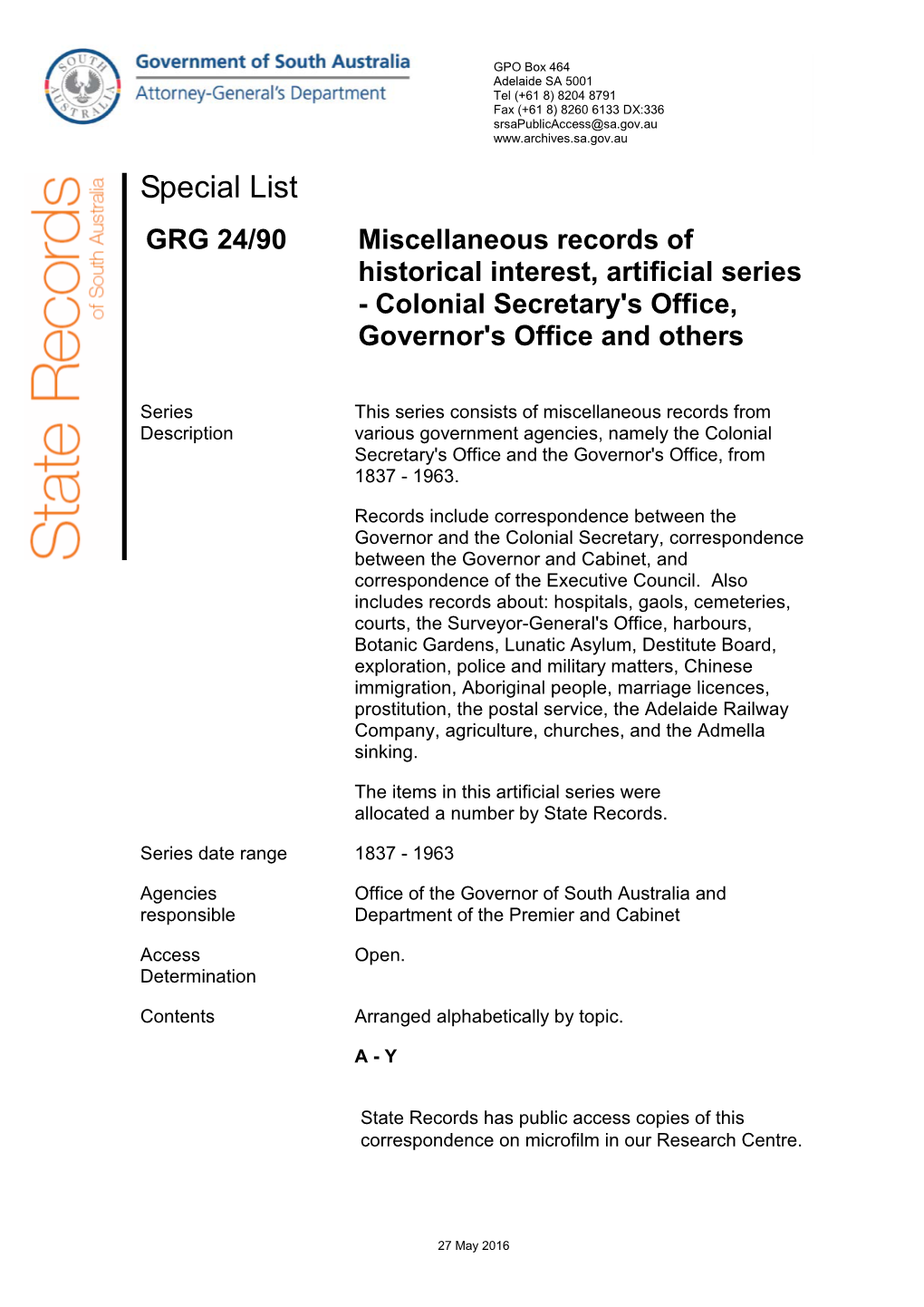 For GRG 24/90 Miscellaneous Records of Historical Interest